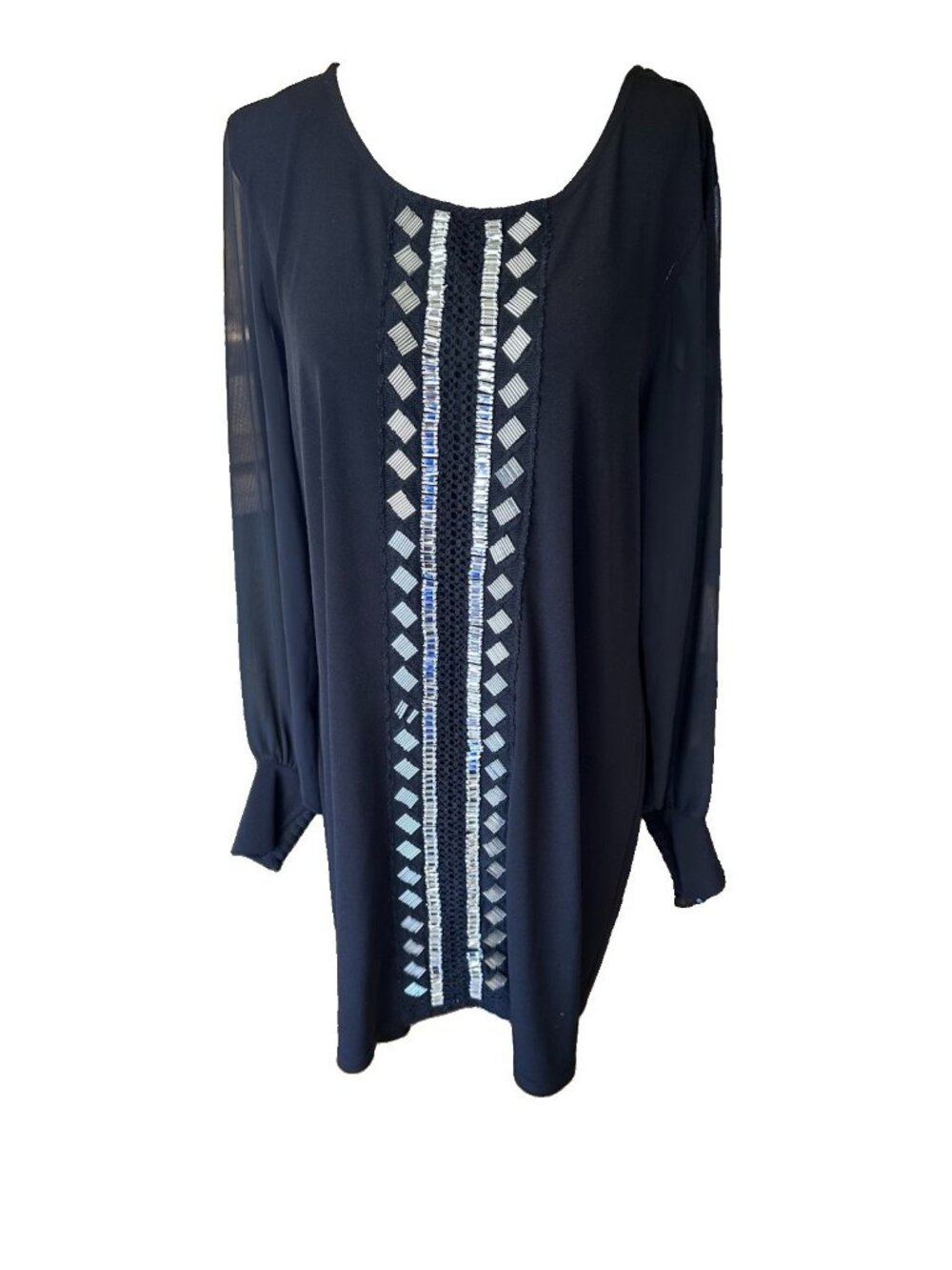 ALFANI Women's Soft Shift Dress Sheer Sleeve Beaded  Size L